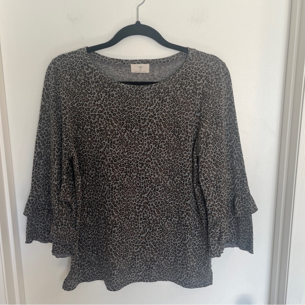 T.La Leopard Print Tee‎ with Ruffle Sleeves, Size M